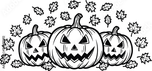 Three spooky jack-o'-lanterns with falling autumn leaves, perfect for Halloween.