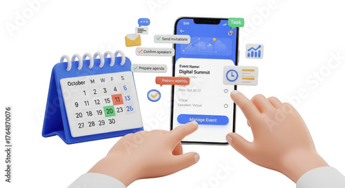 Hands booking appointment online using mobile phone with calendar and tickets floating around
