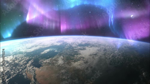 A stunning view of Earth from space, with vibrant purple and blue auroras dancing across the starry sky above the planet's curved horizon.