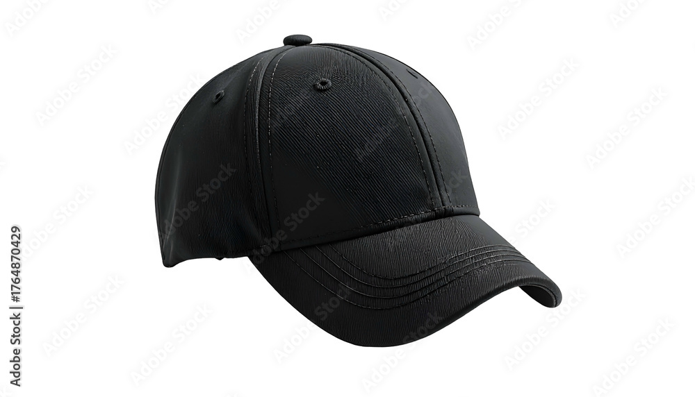 Fototapeta premium A black baseball cap, isolated on a black background, presented in a three-quarter angle