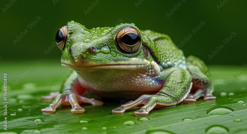 Obraz premium A green tree frog sits on a leaf, with water droplets visible on its skin and the leaf's surface.