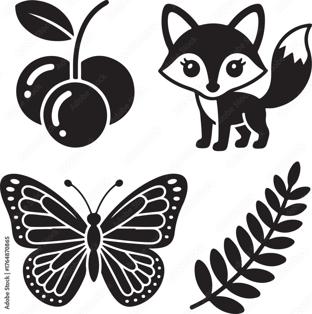 Fototapeta premium Cute Vector Graphics of a Fox, Butterfly, Cherries, and Plant