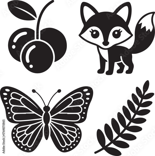Cute Vector Graphics of a Fox, Butterfly, Cherries, and Plant