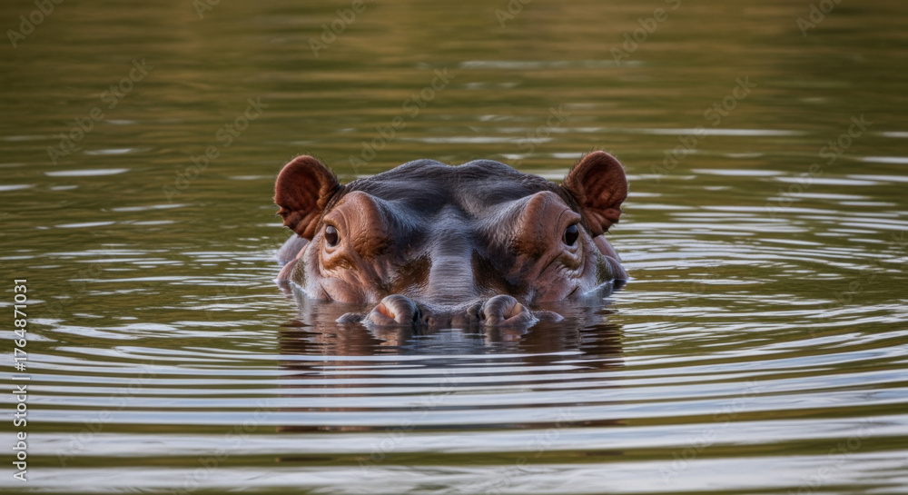 Fototapeta premium A hippopotamus emerges from the water, showing its head and ears, creating ripples on the surface.