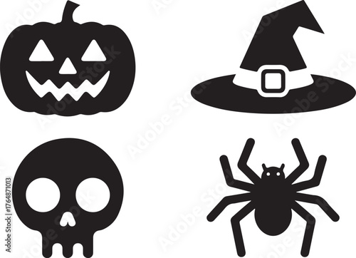 Halloween Icons A Spooky Collection of Pumpkin, Witch Hat, Skull, and Spider Symbols