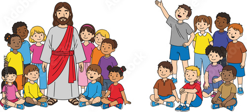 Children gathered around Jesus, spiritual teaching moment, colorful clothing, group discussion, faith and friendship, Christian education, storytelling scene, 