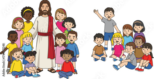 Children of diverse cultures, gathered with Jesus, smiling, learning, united in faith, spiritual education, Christian values, peace, love, kindness, multicultural harmony, joyful community