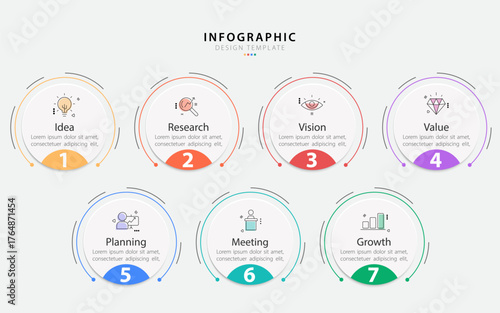 Business infographic template. 7 Step timeline journey. Process diagram, 7 options on white background, Infograph elements, technology, education, modern vector illustration.