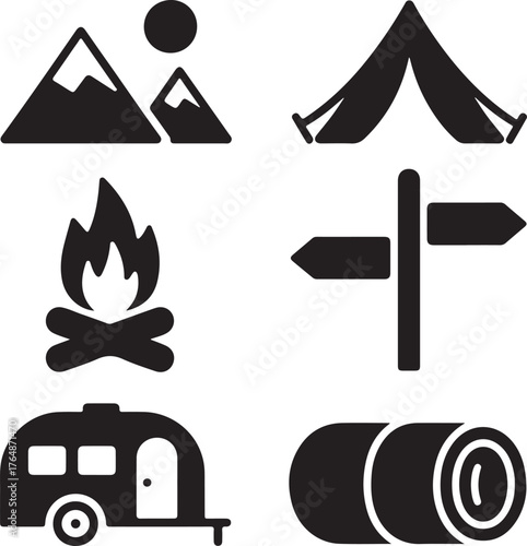 Set of black silhouette icons for camping and outdoor adventure.