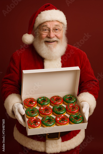Santa Claus holding a open box with donuts with red and green icing, food delivery or bakery promotion