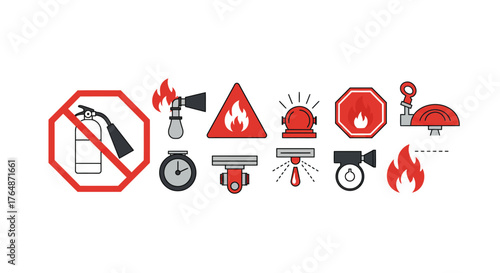 Fire safety icon set featuring extinguisher and alarm in flat design