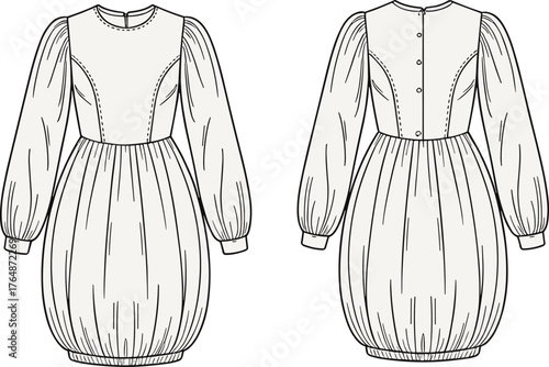 Fashion technical sketch, balloon hem puff sleeve dress, front and back view, garment construction, vector template, cad drawing flat vector illustration