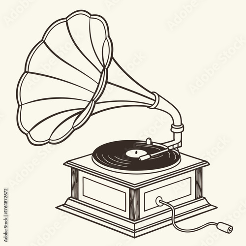The drawing features a large, horizontally oriented flared horn connected to a wooden cabinet base. A black vinyl record is visible on the platter, with the needle positioned on it.