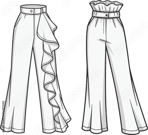 High waist flared pants, ruffle detail, gathered waistband, fashion flat sketch, stylish trouser design, cad drawing flat vector illustration