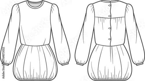 Fashion technical sketch, puff sleeve bubble hem dress, front and back view, garment construction, vector template, cad drawing flat vector illustration