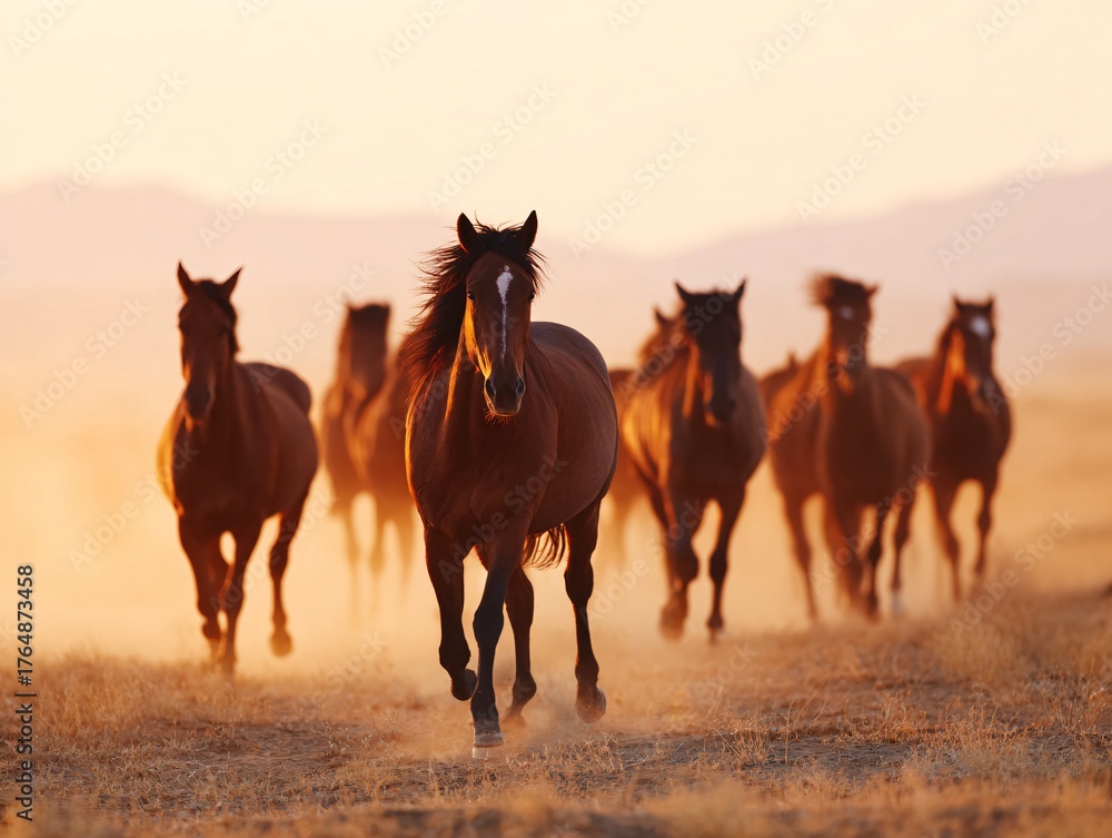 Fototapeta premium Herd of wild horses galloping through dusty landscape at sunset