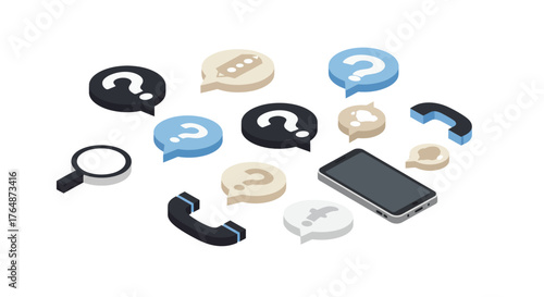 Isometric communication icons with smartphone and speech bubbles