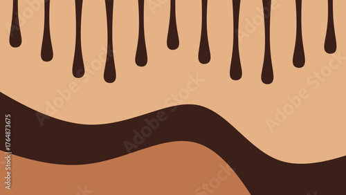 Abstract background of melted chocolate drops and liquid chocolate waves. Minimalist melted chocolate drops. A wavy layer of liquid in shades of brown at the bottom.