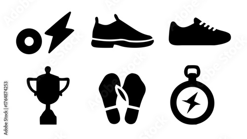 Black silhouettes of a donut with lightning bolt, shoes, trophy, sandals, and stopwatch icon set