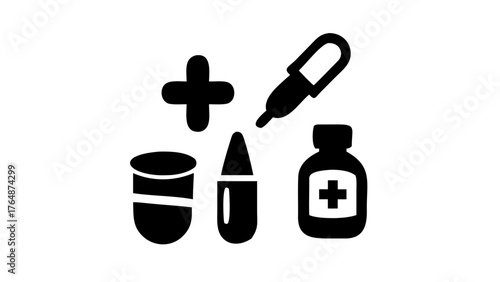 Illustration of medical supplies including a dropper, pills, and a bottle with a plus sign on it