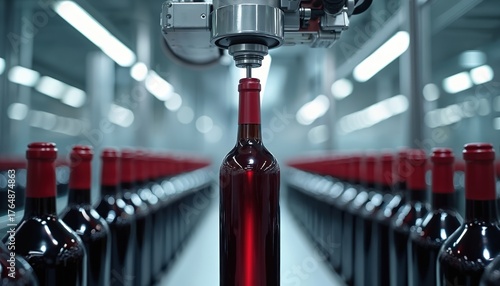 Automated machine seals wine bottles on conveyor belt. Robotic arm works precisely on assembly line in beverage factory. Red liquid fills glass containers, modern industrial production.