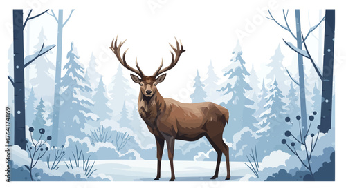Majestic deer in snowy forest scene with winter trees and frosty landscape