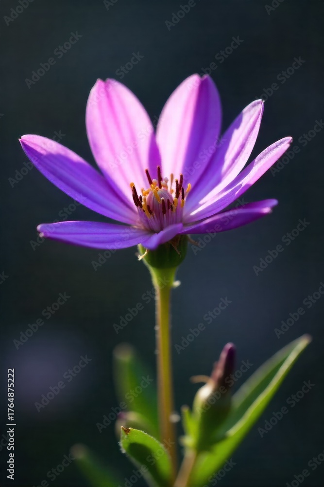 Fototapeta premium Single purple wildflower with dew drops, morning light, detailed texture, shallow depth of field Extreme close up, macro photography of a single, perfect purple wildflower. Tiny, sparkling dew drops