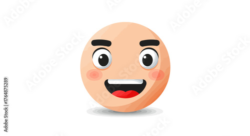 Happy cartoon emoji with wide eyes and smile on white background