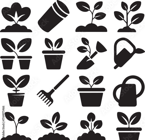 Black and White Silhouette Icons for Gardening and Planting with Growing Plants in Pots and Ground