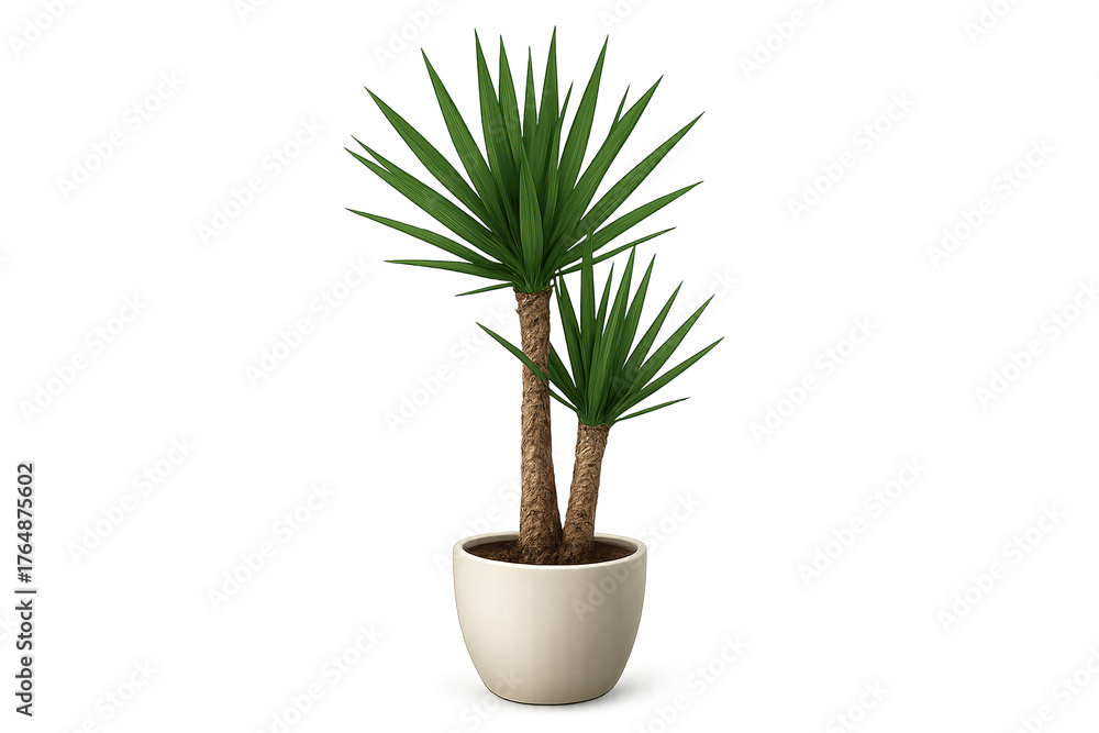 Fototapeta premium Two-trunk yucca plant in beige ceramic pot