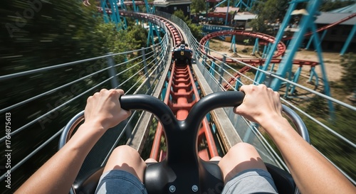 First person point of view on a thrilling roller coaster ride. Hands gripping the safety bar during a high-speed drop at an amusement park. Action and adventure concept