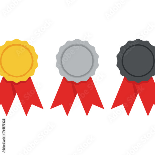 Gold, Silver, and Bronze Medals with Red Ribbons for Achievements.