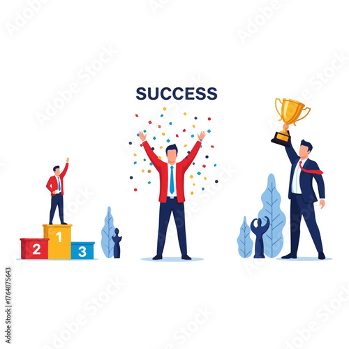Illustration of Business Success with Podium, Trophy, and Confetti.