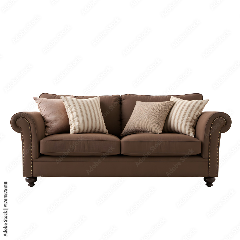 Fototapeta premium Elegant Brown Sofa with Decorative Cushions with transparent background