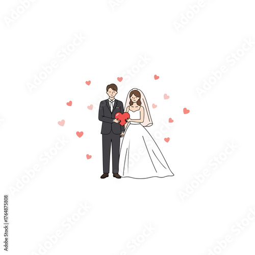 Illustration of a bride and groom surrounded by hearts.