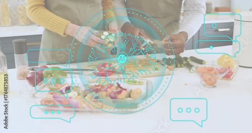 Home cooks drizzling olive oil grinding pepper slicing zucchini, arranging veggies in glass dish