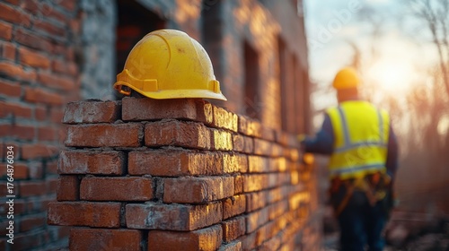 Construction workers building brick walls at a job site during sunset construction site photography urban environment side view labor concepts