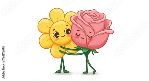 Adorable floral friendship cartoon with happy sunflower and rose hugging