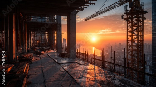 Construction sunrise over city skyline urban development photography industrial environment elevated viewpoint progress and growth
