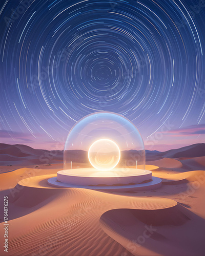 Wallpaper Mural A serene landscape of a vast, luminous desert under a swirling starry sky, where abstract geometric shapes rise from the sandy ground, casting soft shadows. A transparent dome encapsulates a single, p Torontodigital.ca