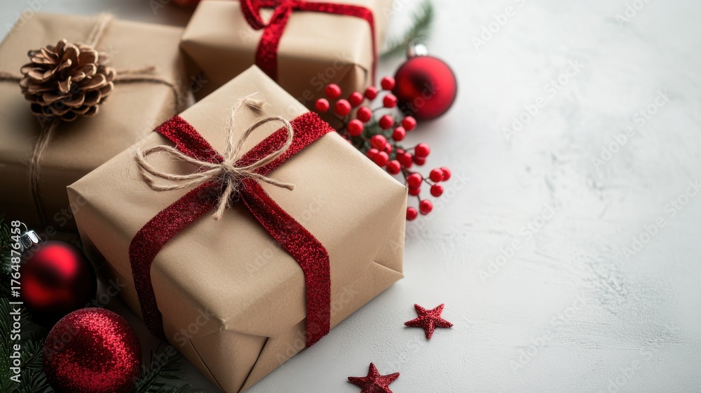 Fototapeta premium Holiday gift wrapping celebration cozy home festive imagery warm atmosphere close-up view christmas spirit