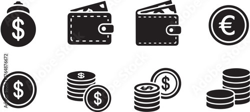 Money bag wallet coins euro symbol dollar symbol stacks finance currency