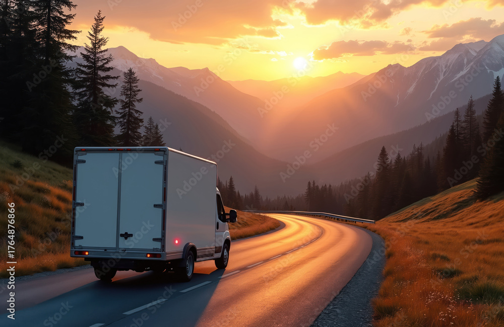 Obraz premium White van drives down winding mountain road at sunset. Beautiful nature scene shows calm drive on highway through valley landscape. Delivery car runs fast for transportation.