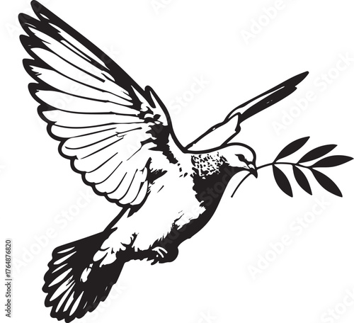 Dove flying with olive branch symbol of peace and hope for the future and a new beginning