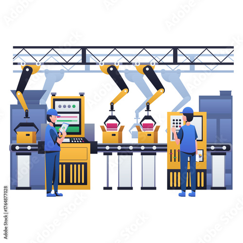 Automated factory assembly line with robotic arms and workers, modern manufacturing process for scalable businesses, symbolizing efficiency and innovation