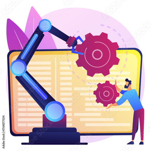 Innovative automation solution with robotic arm and engineer optimizing machine learning, driving efficiency and precision in advanced manufacturing processes