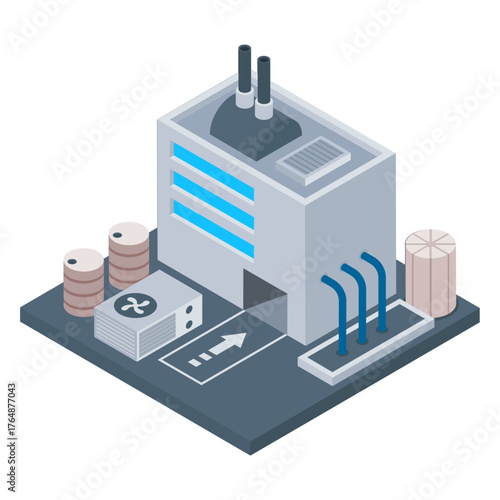 Isometric factory with tanks and pipes showcases industrial production, a modern plant design, or the manufacturing process, perfect for illustrating industry