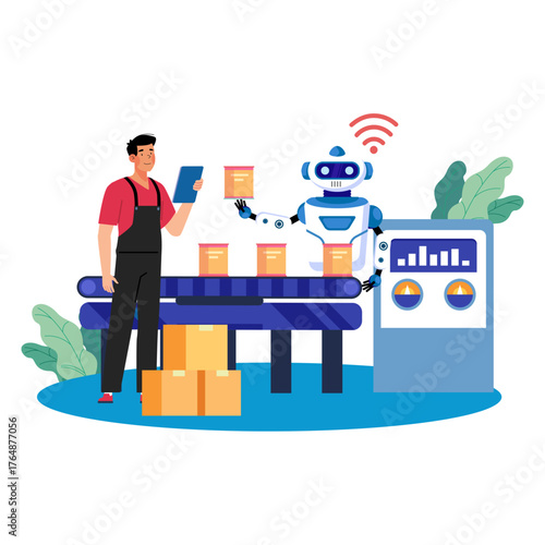 Modern factory scene with human and robot working together to manage boxes on conveyor belt, illustrating teamwork and automation in a contemporary setting