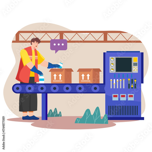 Efficient factory worker carefully packaging bottled products on a high-tech conveyor belt, ensuring quality and speed, ready for distribution to stores