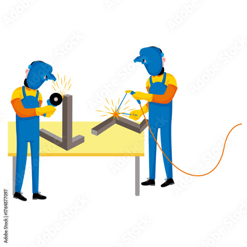 Skilled workers welding and grinding metal with precision, safety, and expertise, showcasing manufacturing prowess and industrial craftsmanship in action